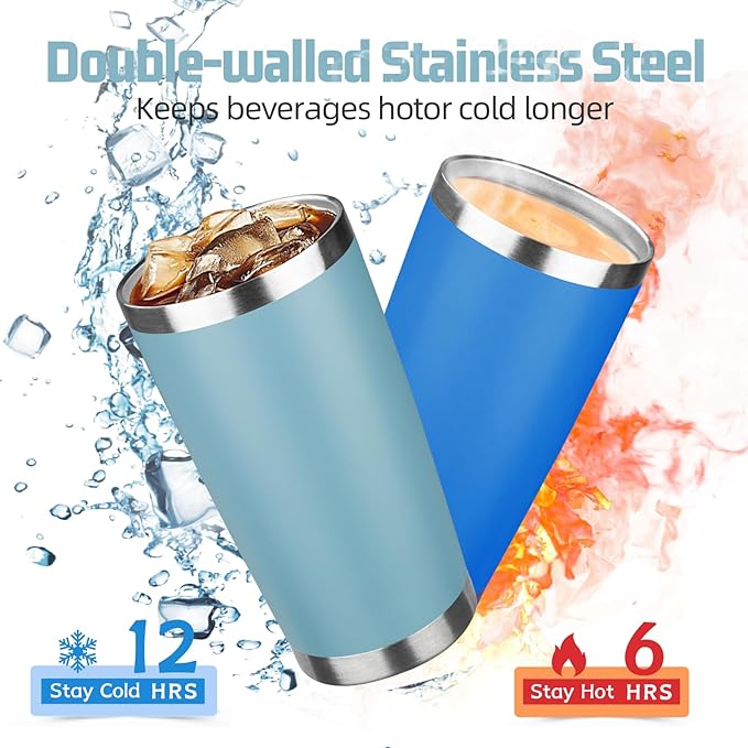 20 oz Tumbler with Lids and Straws, Stainless Steel Insulated Travel Coffee Mug, Double Wall Vacuum Insulated Tumblers, Powder Coated Coffee Tumbler for Cold & Hot Drinks (Azure Blue,4pack)