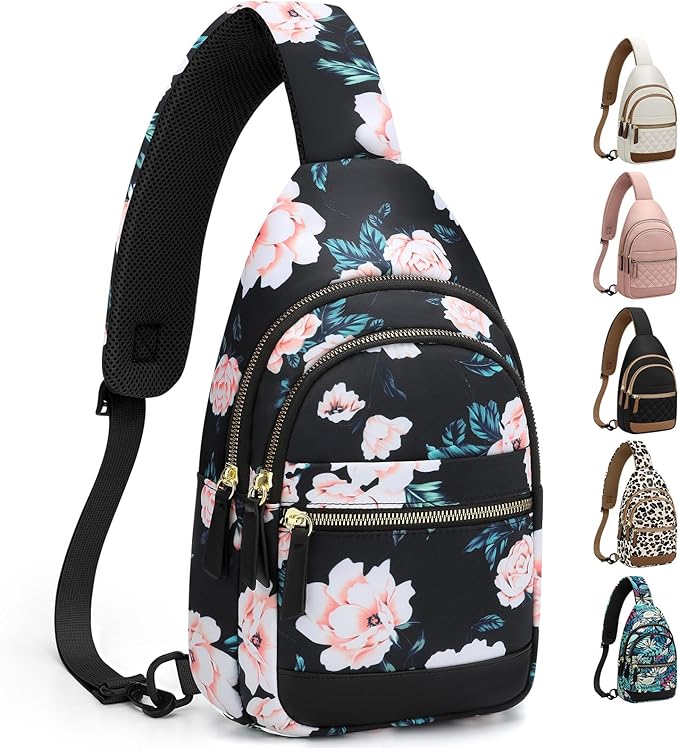 Capolo Sling Bag for Women Men Waterproof Crossbody Bags for Women Trendy Casual Fanny Pack with Convertible Shoulder Strap Chest Bag for Travel Hiking(Black Flower, Medium)