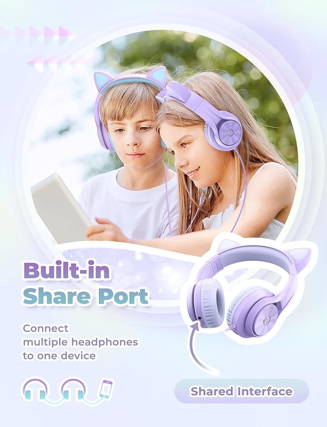 iClever Kids Headphones with Cat Ear Led Light Up, Safe Volume Limite Wired Headphones with FunShare Foldable Over-Ear Headphones for Kids/School/iPad/Tablet/Travel, Meow Donut-Purple