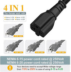 (10-Feet) NEMA 5-15P to 5-15R/ 5-20R/ 6-15R/ 6-20R AC Adapter, Plugrand 12AWG 15 Amp Household AC Plug to 20 Amp T Blade Adapter Cable, 15A 125V to 20A 250V Extension Cable, 10FT, Yellow