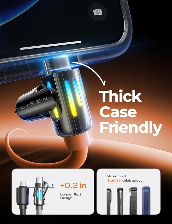 LISEN USB C to Lightning Cable, 240W 4 in 1 Charging Cable 6.6FT, Chubby USB A/C to C/Lightning with Light for iPhone Charger Fast Charging iPhone Air 17 16 15 14 Pro/MacBook/iPad, Orange