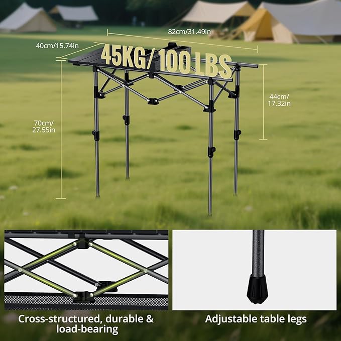 Anbte 3ft Aluminum Roll Top Camping Table Max 27.5", 2 Adjustable Height Folding Camping Table Waterproof with Storage Net and Bag for BBQ Picnic Tailgating Backyard RV Travel, 32.2” x 16”, Pure Black