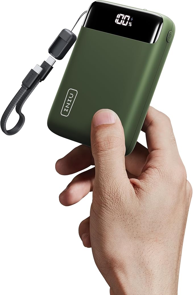 INIU Smallest 20000mAh Power Bank, 22.5W PD Fast Charging Portable Charger with Detachable Cable, Flight-Safe Battery Pack with LED Display for iPhone 17 16, Google, Travel, Hiking, Camping, Green