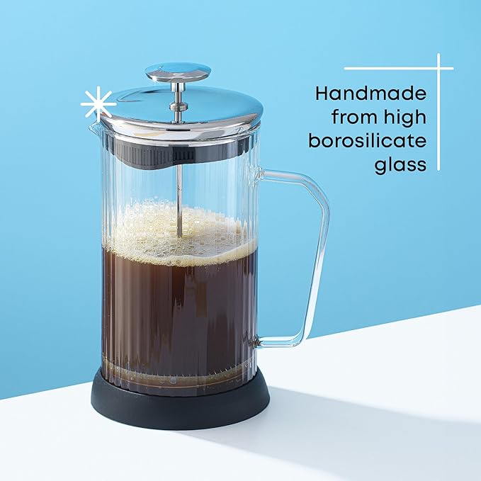 JoyJolt Fluted French Press Coffee and Tea Maker Set, 33.8oz Stainless Steel Press, Borosilicate Glass Coffee Press, Cold Brew Portable French Press, Tea Press, Large, clear