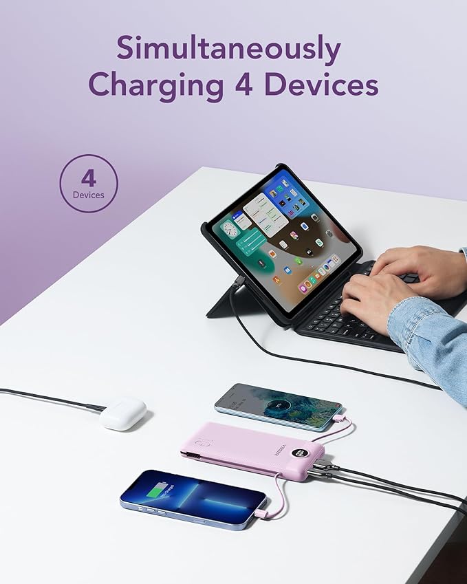 VEGER Portable Charger with Built-in AC Plug and Cables, All in One 10000mAh Ultra Slim Power Bank Travel Essentials, Fast Charging Battery Pack Compatible with iPhone, Samsung, Android (Purple)