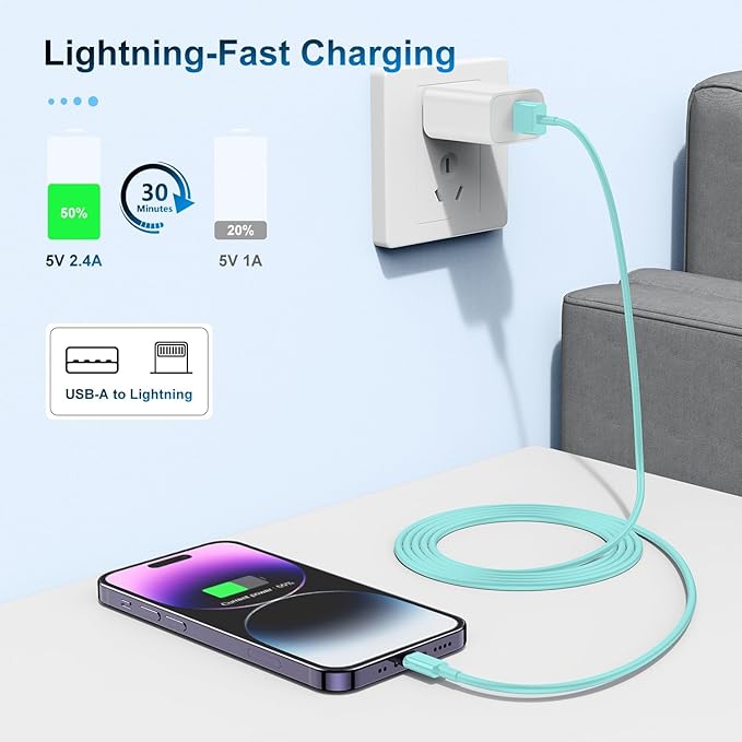 3 Pack Apple MFi Certified Charger Cable 6Ft, Lightning to USB Cable Cord 6 Foot, 2.4A Fast Charging,Apple Phone 6 Feet Long Chargers for iPhone 14/13/12/11/X/XS/XR/SE/8/7 Plus Pro Max Mini Light Blue