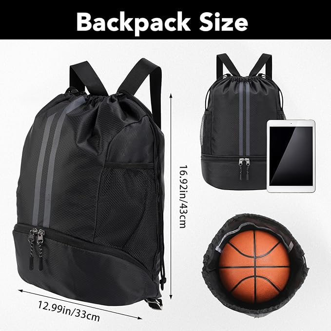 Pimoys Drawstring Backpack Gym Bag, Waterproof String Backpack with Side Mesh Pockets, Beach Bag for Basketball, Soccer, Swim, Wrestling Bag for Women Men