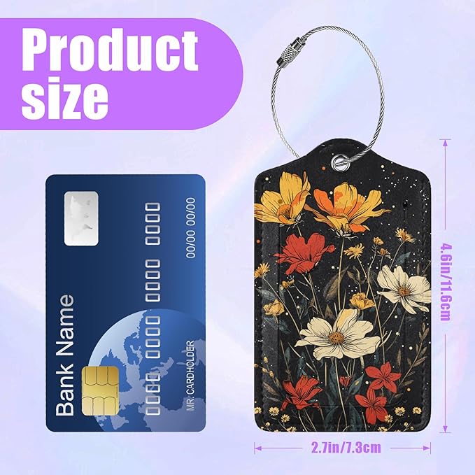 3 Pack Colorful Boho Flowers Luggage Tags for Suitcase Floral PU Leather Travel Luggage Tag Privacy Cover ID Label for Women Men Baggage Backpack Handbag School Bag