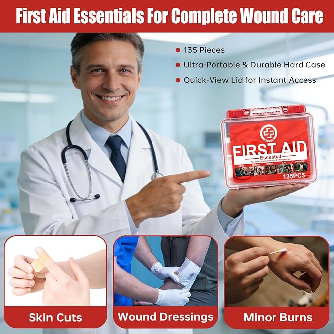 Gevoke Mini First Aid Kit - 135 Piece HardCase First Aid Box for Home, Car, Travel, Camping, Hiking, Truck, Sports, Office, Vehicle & Outdoor Emergencies - Medical Kit (Small)