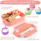 QQKO Bento Box Adult Lunch Box, Lunch Containers for Adults Men Women, Kids Lunch Boxes for School with 4 Compartments, Sauce Container, Utensils and Muffin Cups, Pink