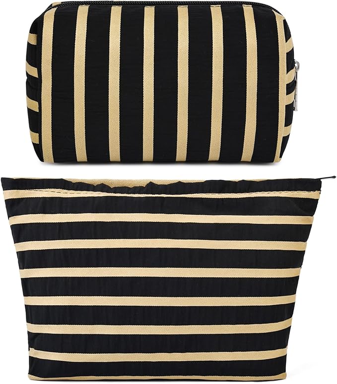 SOIDRAM 2 Pieces Makeup Bag Large Stripe Cosmetic Bag Capacity Canvas Mix Travel Toiletry Bag Organizer Cute Makeup Brushes Aesthetic Accessories Storage Bag for Women, Stripe Mix Black