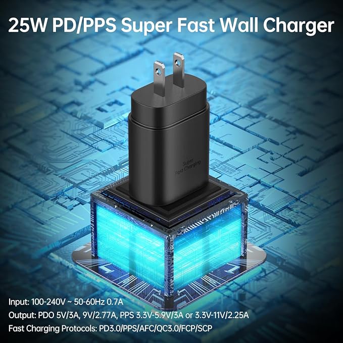 25W Super Fast Charger Type C Wall/Car Charger Combo Kit for Samsung Galaxy S26 S25 S24 S23 S22 S21 Ultra Plus A53 A52 A14 A25 A42 A32 Xcover 7 6 iPhone 17 16 15 Pro Max Pixel 10 9 8 Moto USB C Cable