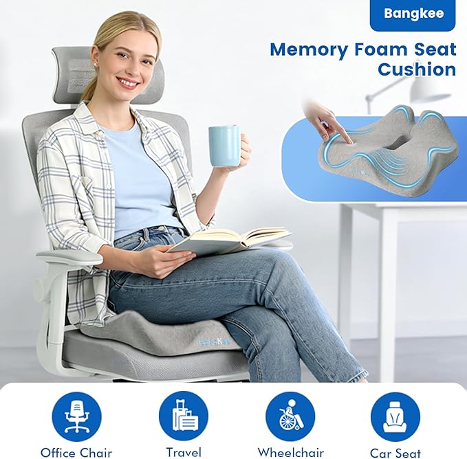 18x16 Inch Gray Memory Foam Seat Cushion for Office Chair, Car Seat, Airplane, Bleacher - Sciatica & Hip & Coccyx Pain Relief Desk Chairs Cushions for Long Sitting Peoples