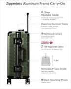 LUGGEX Carry On Luggage with Spinner Wheels, 8010S Aluminum Frame Zipperless Polycarbonate Hard Shell Suitcase with Packing Cubes and Shoe Bag (ZX-Core, Green, 21 Inch)