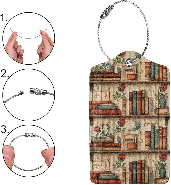 2 Pack Luggage Tags for Suitcases, PU Leather Bag Tag with Privacy Cover Address Card Travel Essentials-Bookshelf Flowers