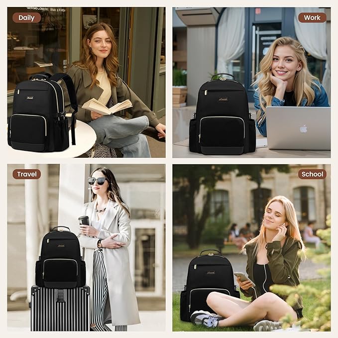 LOVEVOOK Laptop Backpack for Women with Pouch Pocket for Large Capacity Cup,18 Inch Laptop Computer Bag Travel Backpack Purse,Waterproof Work Business Backpack College Teacher Bags,Black