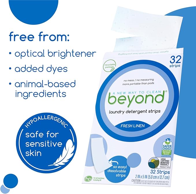 Beyond Laundry Detergent Strips [32 strips] - Fresh Linen - Eco-friendly, Hypoallergenic. Travel friendly. Dissolvable Strips.