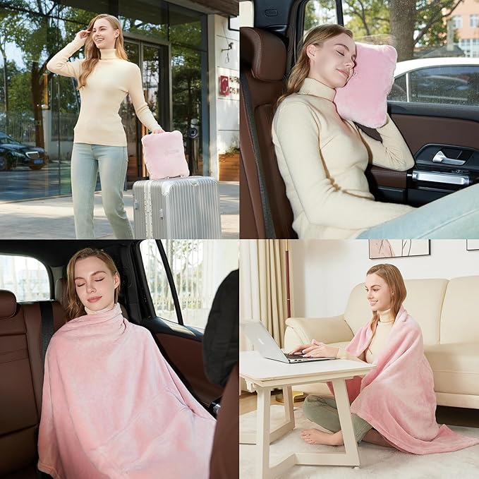 Travel Blanket Pillow, Premium 2 in 1 Flannel Airplane Blanket Compact for Travel,Office, Home,Travel Essentials Accessories for Plane and Car,Compact Office Blanket (Pink)