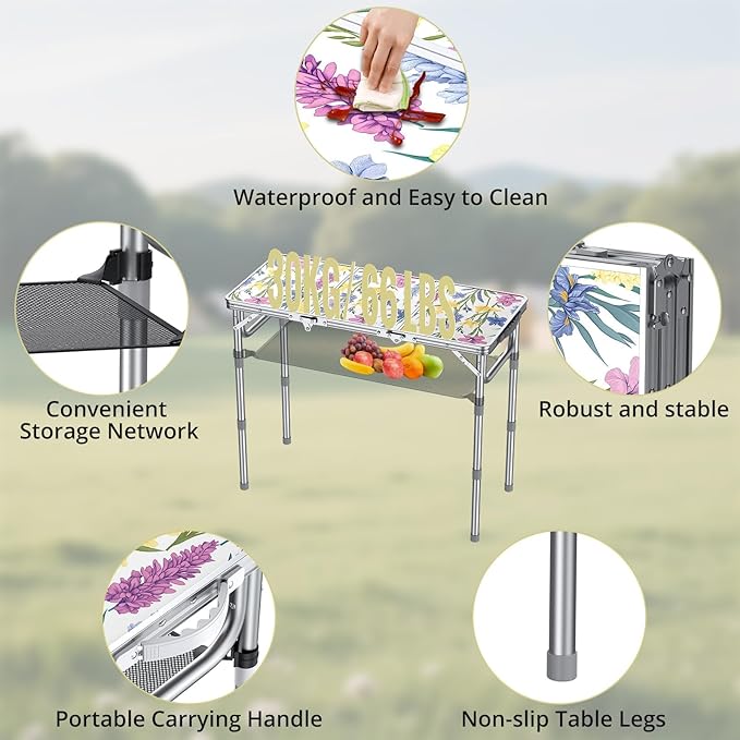 Anbte 3ft Folding Camping Table with Storage Net & Bag, 3 Adjustable Height Max 27.5" Outdoor Folding Table Lightweight, Portable Handle for Outdoor Indoor Camping Beach RV Picnic, Blooming Floral