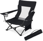 HaSteeL Folding Beach Chair, Foldable Black Camping Chairs for Outside, Low Beach Chair Portable for Adults Fishing, Picnic, Outdoor BBQ, Travel, Sports, Cup Holder & Storage Bag