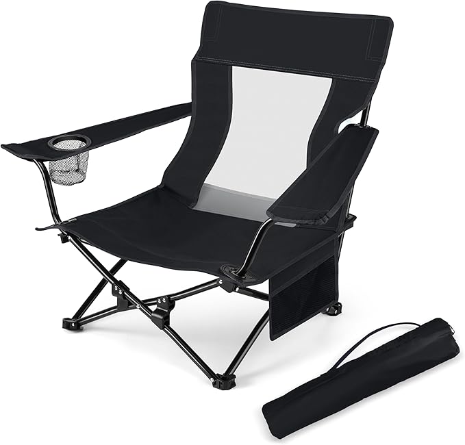 HaSteeL Folding Beach Chair, Foldable Black Camping Chairs for Outside, Low Beach Chair Portable for Adults Fishing, Picnic, Outdoor BBQ, Travel, Sports, Cup Holder & Storage Bag