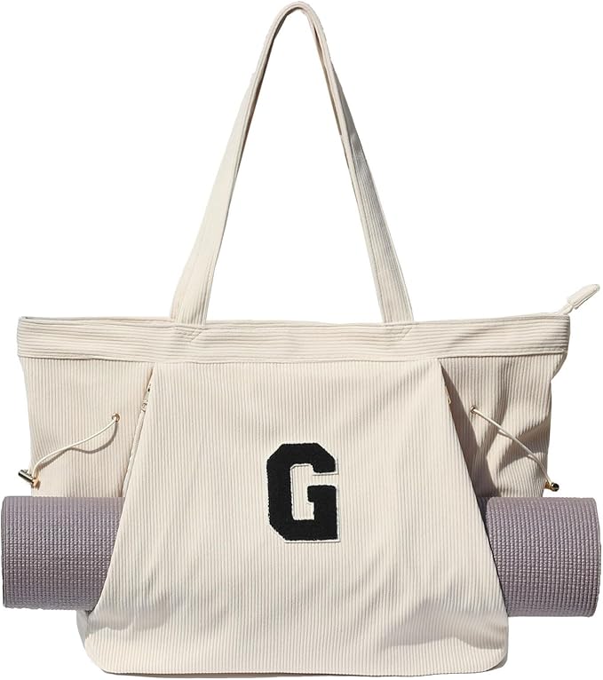 ESVAN Corduroy Yoga Tote Bag Gifts for Women Drawstring Yoga Mat Bag for Office Workout Travel Carryall Pilates Gym