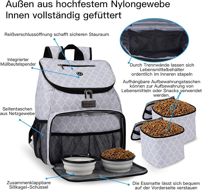 BAGLHER丨Dog Travel Bag, Airline Approved Pet Supplies Backpack, Dog Travel Backpack with 2 Silicone Collapsible Bowls and 2 Food Baskets
