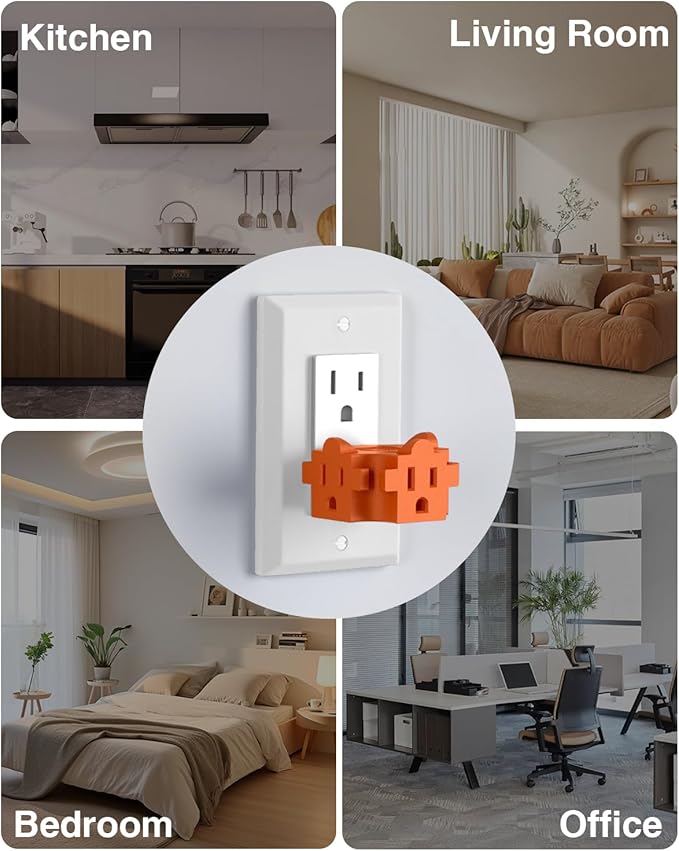 K KASONIC - 3-Outlet Grounding Adapter, Multiple Plug Outlet Extender, Power Splitter, [ETL Listed] Heavy-Duty Grounded Power Tap - 4 Pack, Orange