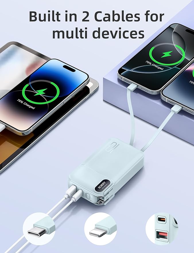 RORRY Portable Charger Built in Cables, AC Wall Plug in Portable Charger Power Bank 10000mAh Travel Battery Pack 22.5W Fast Charging for iPhone 17/16/15 Samsung Galaxy S25/S24/S23 Pixel LG iPad, Blue