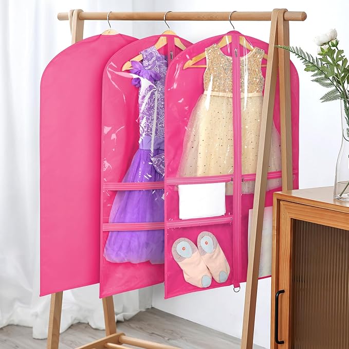 Univivi Dance Costume Bags Garment Bag 40 Inch Hanging Clothes for Dance Competitions, with 3 Medium Clear Zipper Pockets for Dance Costumes, Closet Storage (Rose Red) - 8 Pack