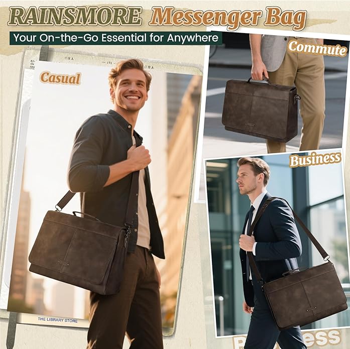 RAINSMORE Vintage Flap Messenger Bag for Men PU Leather Laptop Bag 15.6 Inch Mens Briefcase Waterproof Satchel Computer Bag