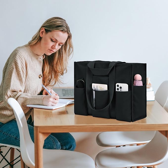 Becokan Large Tote Bag for Women Waterproof with 12 Pockets Top Zipper Closure Utility Teacher Nurse Bags for Work School