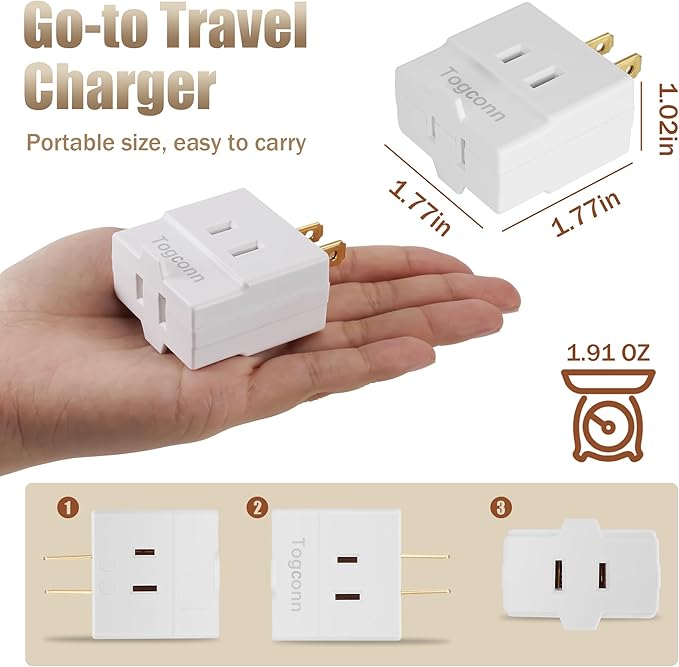 2-Prong to 2-Prong 3-Side Outlet Plug Splitter Converter - 5 Pack, Non-Ground Outlet for Old Home, Hotel, White