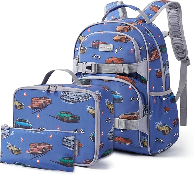 mommore Kids Backpack for Boys 4-8 with Lunch Box Elementary Kindergarten Preschool School Backpack 15'' Fit Folders Bottles, Cool Truck