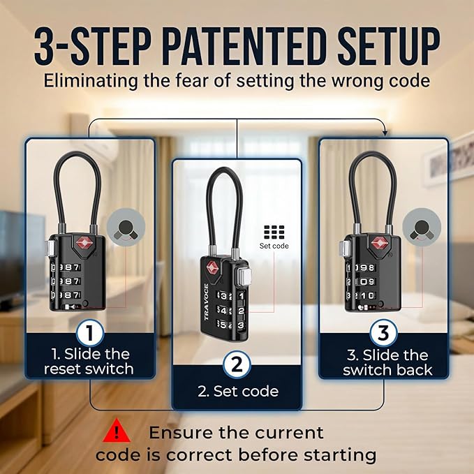TRAVOCE TSA Approved Luggage Locks - Heavy Duty 3 Digit Combination Cable Lock, Search Alert for Suitcases, Backpacks, Golf Bags, Tents, Violin and Camera Cases, 2 Pack, Black