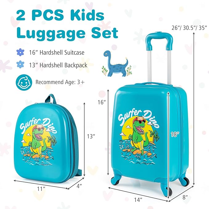 BABY JOY 2 PCS Kids Luggage, 16” Carry-on Hardshell Suitcase with Wheels & Hardside Backpack for Boys Girls, Airline-Approved Toddler Travel Luggage Set (Dinosaur)