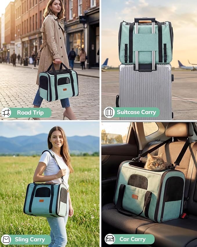 Morpilot Cat Carrier - Cat Carrier Soft for Medium or Large Cats up to 20lbs, with Dual-Sided Cushion, Secure Buckle and Foldable Bowl, Dog Carriers for Small Dogs - Pet Carrier (Green)