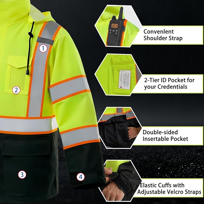 High Vis Reflective Safety Rain Jacket for Men, Class 3 Hi Vis Rain Gear for Construction Workers (Yellow-Black,2XL/3XL)
