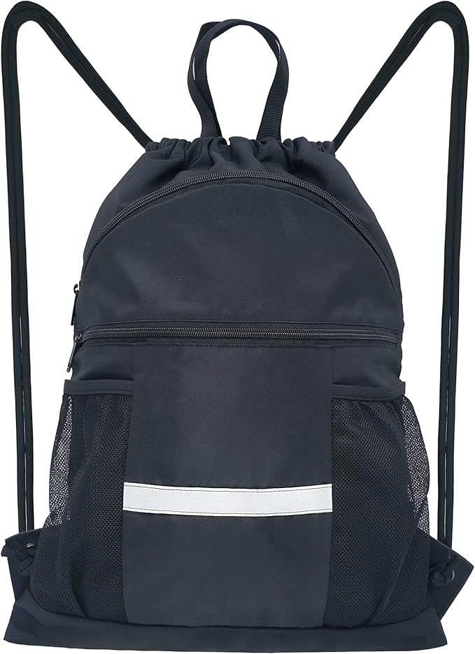 Drawstring Backpack Sports Gym Bag with Shoe Compartment, X-Large String Bag for Women Men with Zipper Pockets and Mesh Pockets (Black)