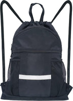 Drawstring Backpack Sports Gym Bag with Shoe Compartment, X-Large String Bag for Women Men with Zipper Pockets and Mesh Pockets (Black)
