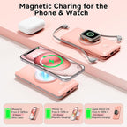 Magnetic 10000mAh Portable Charger for iWatch & iPhone, PD Fast Charging Wireless Power Bank Built-in Cables and Wall Plug, External Travel Battery Pack Compatible with iOS Android Phones