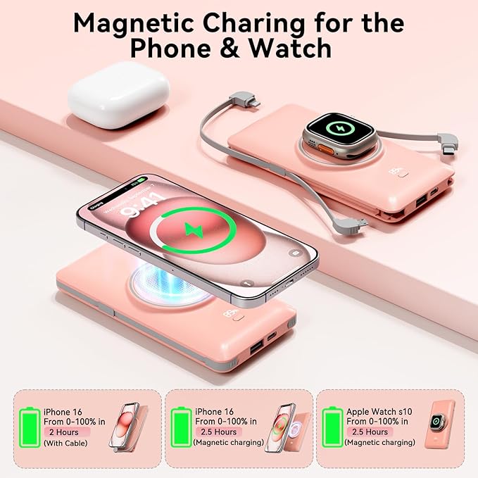 Magnetic 10000mAh Portable Charger for iWatch & iPhone, PD Fast Charging Wireless Power Bank Built-in Cables and Wall Plug, External Travel Battery Pack Compatible with iOS Android Phones