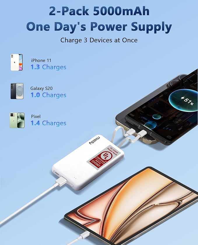 Miady 2-Pack UL Listed Small Portable Charger, 5000mAh Slim Power Bank Built-in 2 Cables Compatible with iPhone 17/16/15/14/13 Galaxy S24/S22 etc (2 Black)