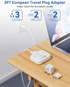 European Travel Plug Adapter, US to European Plug Adapter with 3 American Outlets & 4 USB, 3ft European Power Cord, International Travel Power Strip, Type C for Europe EU Germany France, Travel, White