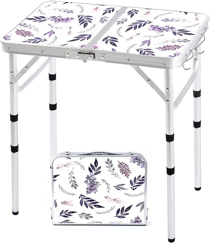 Yriuat Folding Camping Table 2ft Portable Pinic Table Adjustable Height Small Card Table Aluminum Foldable Lightweight with Carry Handle for Outdoor Indoor Hiking Camp BBQ Beach (Misty Lilac)