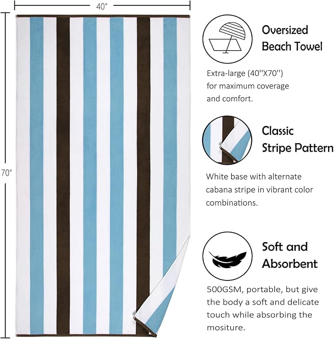 Bornbay Cotton Oversized Beach Towel - Extra Large 40"X70" Big Cute Thick Pool Towel, XL Stitch Beach Towels Striped Blue Brown Swimming Towel for Adults Mens Women