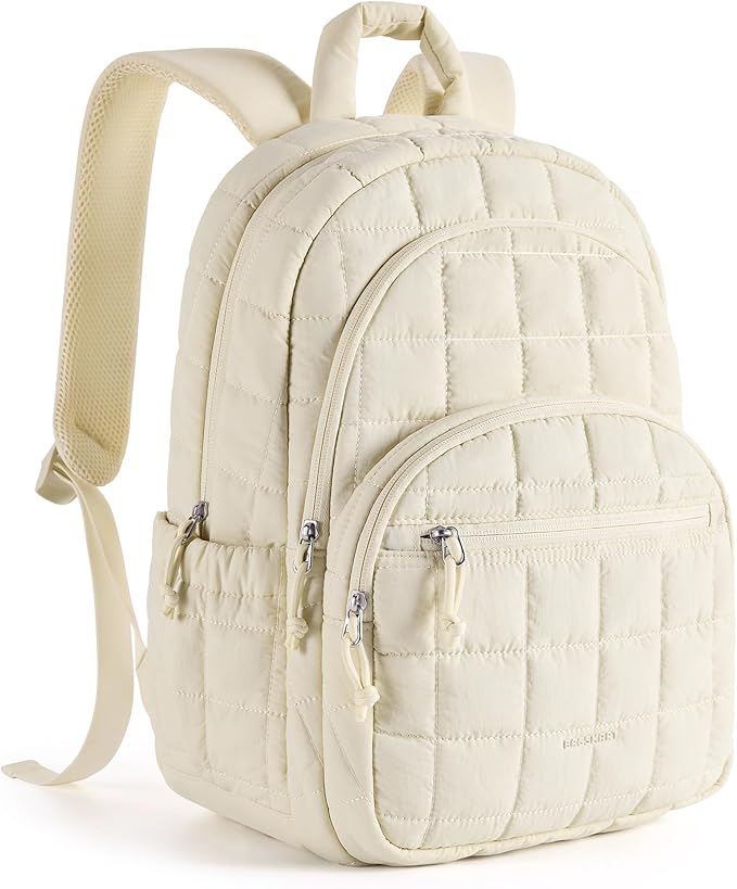 BAGSMART College Laptop Backpack, Travel Backpack for Women, Quilted Casual Daypack, Water-Resistant Bookbag for 15.6 Inch Laptop, Beige