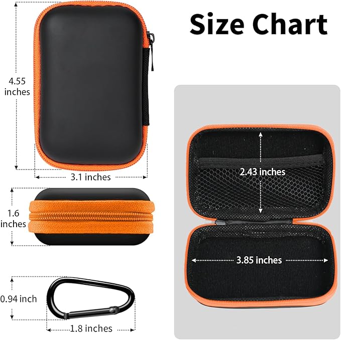 Earbud Case Portable EVA Storage Bag Cell Phone Accessories Organizer with Carabiner for Wired/Wireless Earphone, Earbud, Earpieces, SD Memory Card, Camera Chips, Tech Pouch, Rectangle,Orange