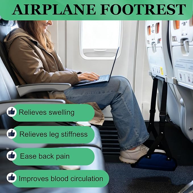 PATIKIL Airplane Footrest, Adjustable Foot Hammock with Hooks Foldable Memory Foam Footstool to Relax Feet Long Flight Airplane Travel Essentials for Under Office Desk, Black, Pale Blue