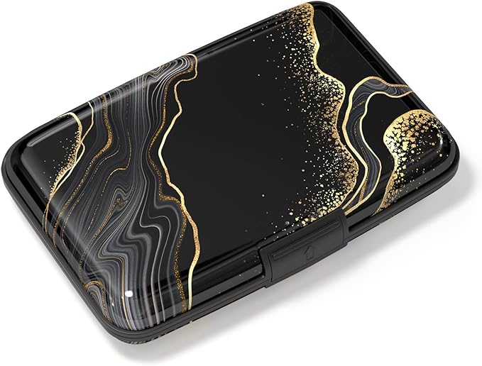 Credit Card Holder, Mini Aluminum Card Wallet RFID Blocking Slim Metal Hard Card Case for Women Men, Black Gold